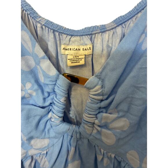 American Eagle Cottage Blue Long Sleeve Short Mini Dress Floral V Neck L - Picture 4 of 6